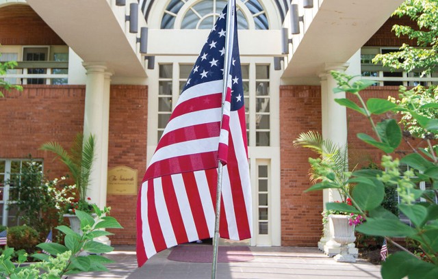 The American flag outside in the entryway.